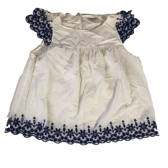 Madewell Womens Blouse White Blue Floral Scoop Embroidered Eyelets Size 12 - Picture 2 of 16